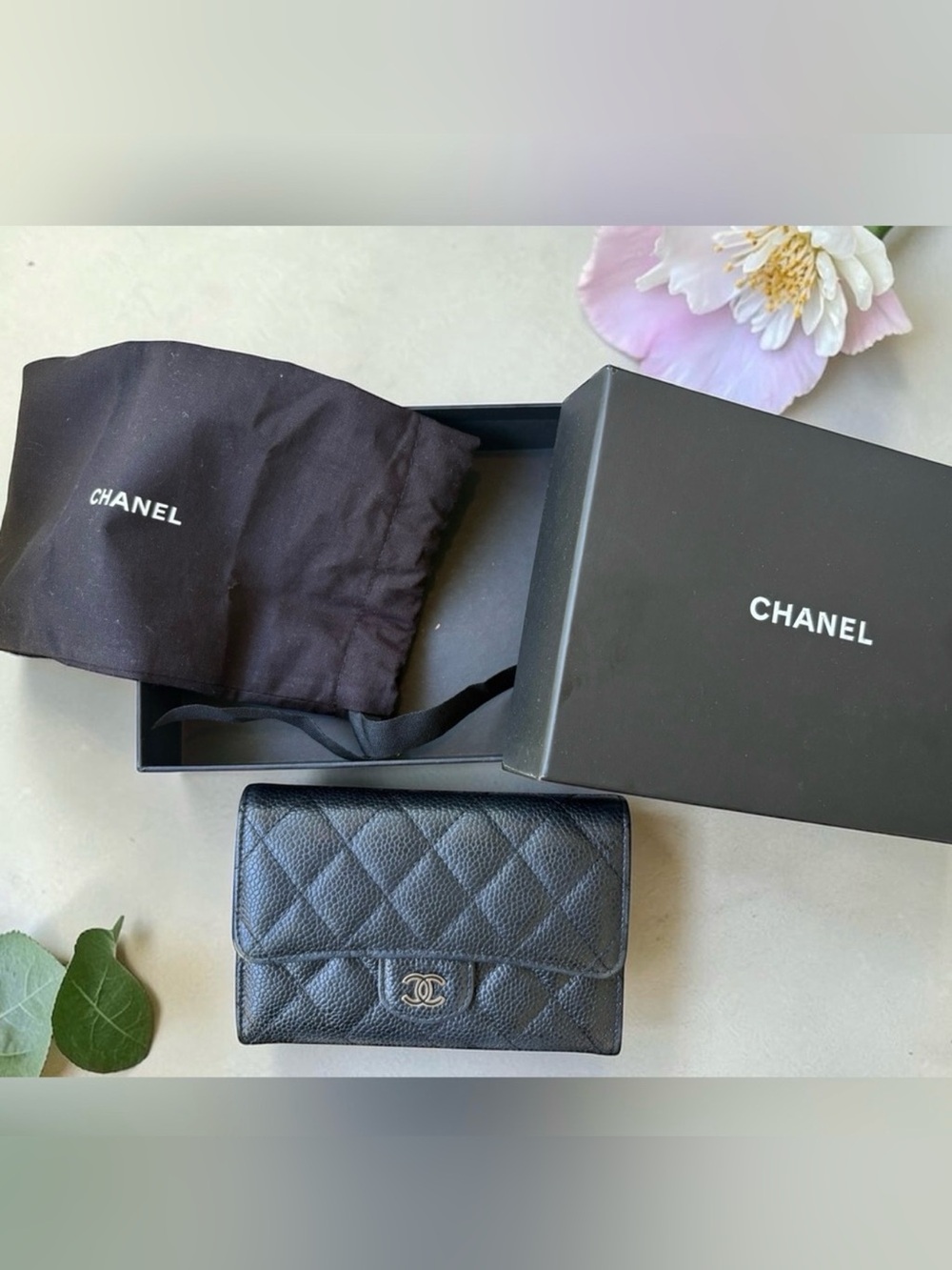 CHANEL Black Quilted Caviar Leather Wallet with SILVER CC Logo